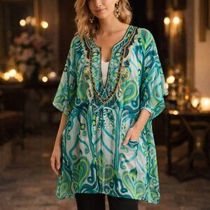 🌿 Midnight Velvet Beaded Boho Tunic / Kaftan Top